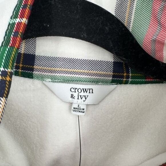 Crown & Ivy NWT Women's Ivory Tartan Plaid Fleece Pullover Jacket Size L Holiday - Picture 6 of 11